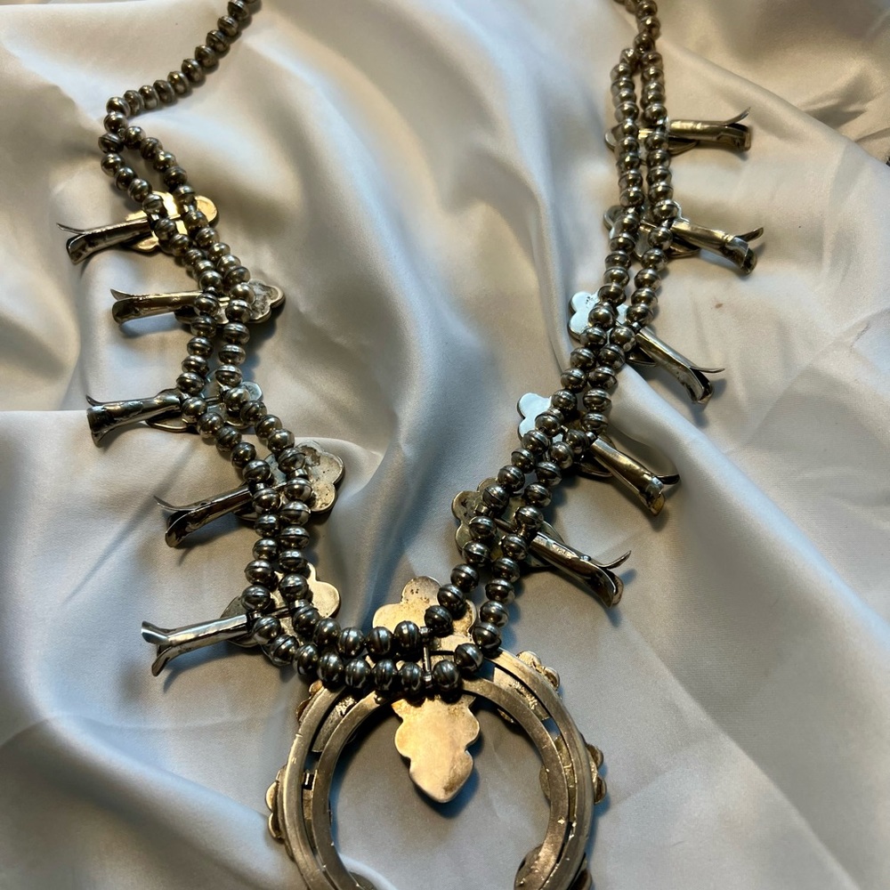 Beautiful Squash Blossom Turquoise Necklace SS 925 C11, 215 grams. - Picture 2 of 16
